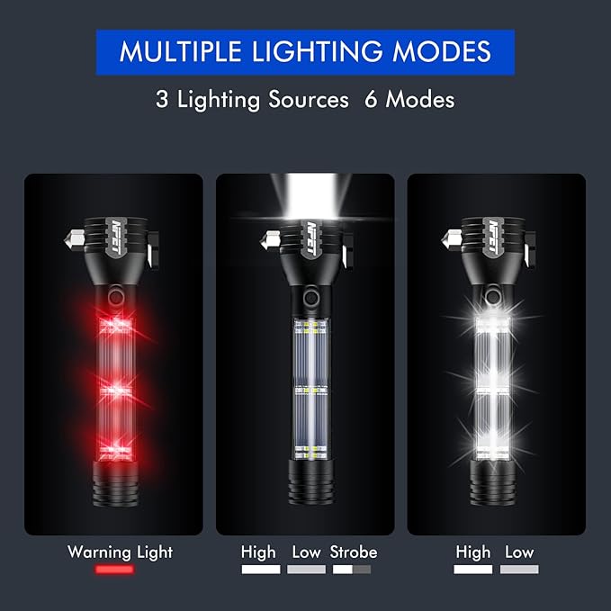 NPET T09 Solar Flashlight Car Flashlight 268 Lumens LED COB Light USB Rechargeable Tactical Multi-Function Torch Tool with Window Breaker Seat Belt Cutter Compass (T09-2pack)