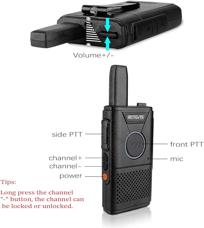 Retevis RT18 Rechargeable Walkie Talkies,Portable FRS Two-Way Radios,Dual PTT,Metal Clip,Small Mini Walkie-Talkie for Seniors Skiing Gift Family Camping Elderly(2 Pack)