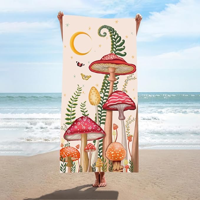 Thick Mushroom Beach Towel 30”x60” Microfiber Terry Beach Towels Kids Soft Camping Towels Sandproof Quick Drying Travel Swim Pool Yoga Gym Camping Women Men Beach Essentials Accessories Vacation Gift