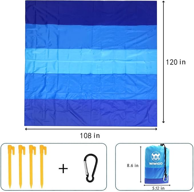Beach Blanket, Sandproof Beach Mat 120in X 108in for 2-8 Adults Waterproof Quick Drying Outdoor Picnic Mat for Travel, Camping, Hiking