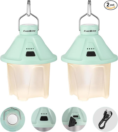 EverBrite 450LM Camping Lantern, USB C Rechargeable Camping Lantern with Magnetic Top&Hanging Hook, 5 Lighting Modes, for Christmas Decorations, Camping, Barbecue, Hiking and Reading, Pack of 2