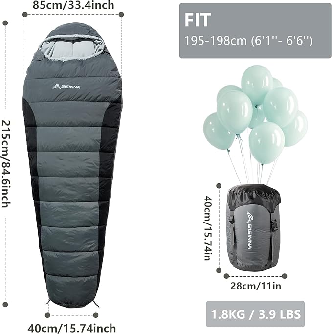 BISINNA Mummy Sleeping Bag for Adults 14-41℉ Cold Weather Camping Sleeping Bags with Compression Sack for Backpacking Hiking Traveling