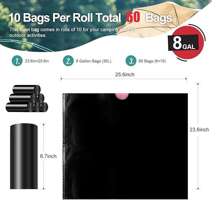 Portable Toilet Bags Drawstring 8 Gallon 60 Count,Camping Toilet Bags Toilet Trash Bags Leak-Proof, Waste Bags for Camping, Hiking, Traveling,Emergency, Outdoor Activities