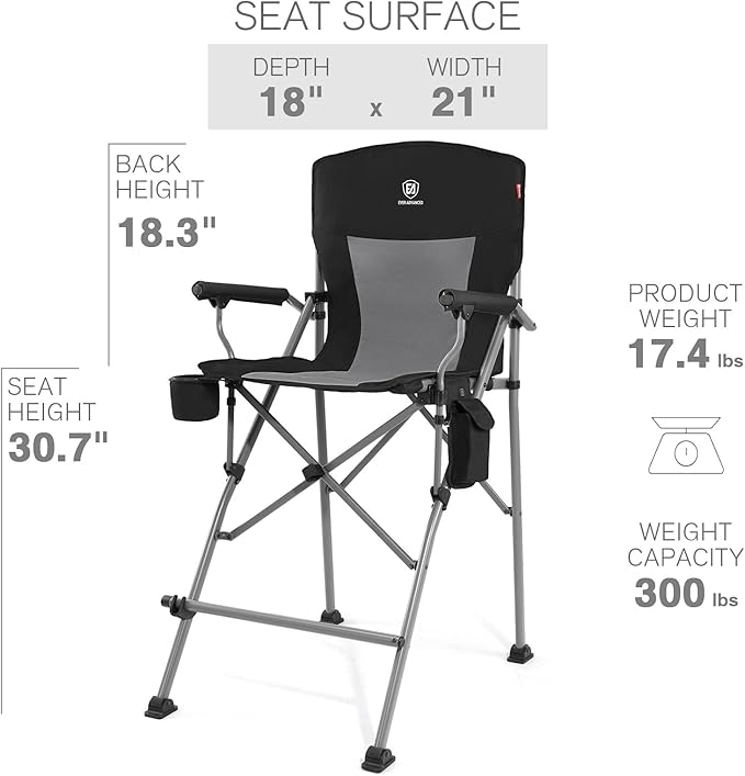 EVER ADVANCED Heated Camping Chairs, Tall Directors Chair with Cup Holder 31", Bar Height Heated Folding Chair for Camping, Sports with Carry Bag, Mesh Pockets and Footrest, Heavy Duty 300 lbs, Black