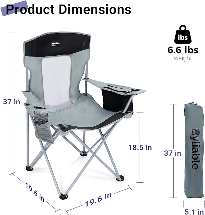 Camping Chairs Lawn Portable Foldable Camp Folding Lightweight Chair for Adults with Drink Holder and Cooler Pouch Outdoor for Camping, Lawn, Sports, Picnic, Music Festival, Gray Black