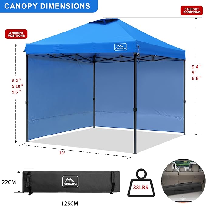 KAMPKEEPER 10x10 Pop Up Canopy Tent with 2 Sidewalls - Waterproof Outdoor Shelter for Sun Shade, Camping, Beach, Patio and Backyard Events, Blue