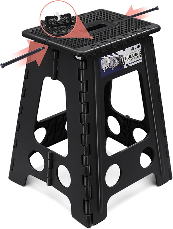 Delxo Folding Step Stool 17.5 Inch Non-Slip Foldable Stools for Kids & Adults Up to 300 LBS Kitchen Collapsible Fold Up Stepping Stool with Dotted 1 Pack Black