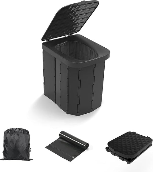 Portable Camping Toilet for Adults - Hapoon XL Portable Folding Toilet with Lid,Travel Portable Potty for Adults,Porta Potty Car Toilet,12 Toilet bags, 12 pack Liquid Waste Gel,Black