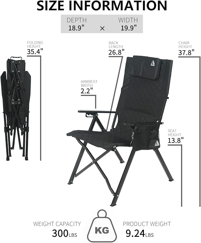 Reclining Camping Chair 2 Pack, Folding Lawn Chairs with 4-Stage Adjustable High Back for Adults Heavy Duty, Compact Foldable Outdoor Patio Recliner Chair with Side Bag (Black)