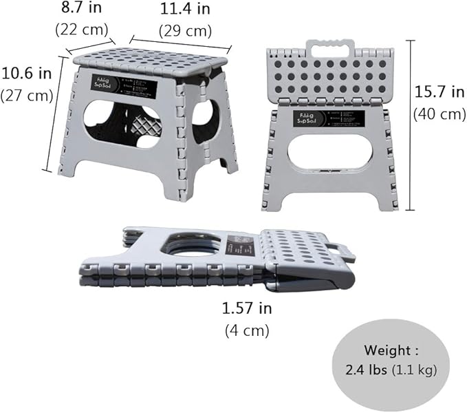 Non-Slip Folding Step Stool, Sturdy Safe Enough - Holds up to 300 Lb - 11 inch Footstool for Adults or Kids, Folding Ladder Storage/Opens Easy, for Kitchen,Toilet,Camping (Light Grey, 11'')