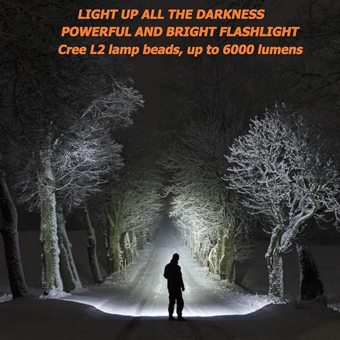 Super Bright LED Handheld Spotlight Flashlight Rechargeable 9600mAh 6000 Lumens Long Lasting Spot Light Waterproof Tactical Torch, 6 Light Modes Side Floodlight, USB Output PowerBank