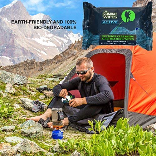 Combat Wipes ACTIVE Outdoor Wet Wipes - Extra Thick Camping Gear, Biodegradable, Body & Hand Cleansing/Refreshing Cloths for Backpacking & Gym w/Natural Aloe & Vitamin E (20 Packs, 500 Wipes).
