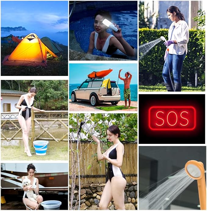 Portable Camping Shower, Handheld Camp Pump with Rechargeable 4400mAH Battery and 130LM Lighting Device for Outdoor Camping,Hiking,Traveling