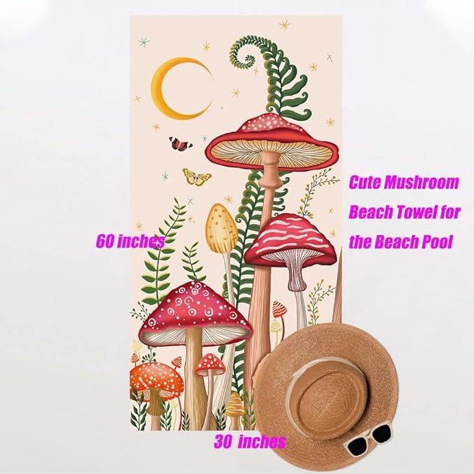 Thick Mushroom Beach Towel 30”x60” Microfiber Terry Beach Towels Kids Soft Camping Towels Sandproof Quick Drying Travel Swim Pool Yoga Gym Camping Women Men Beach Essentials Accessories Vacation Gift