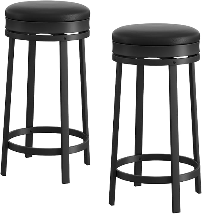 IDEALHOUSE 24'' Swivel Bar Stools Set of 2 with Footrest, Modern Counter Height Barstools with PU Leather Upholstered and Metal Frame, Backless Round Bar Stools for Kitchen Island, Black