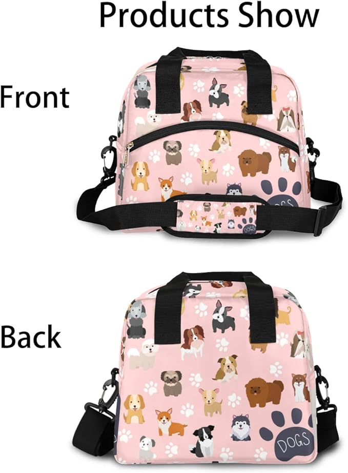 Dog Lunch Bag Dog Paws Pink Lunch Box for Women Girls, Reusable Insulated Leakproof Meal Prep Organizer Tote Thermal Cooler Bag with Shoulder Strap for Kids Adult School Work Office Picnic