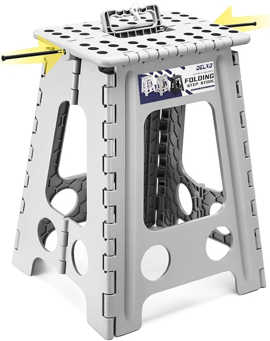 Delxo Folding Step Stool 17.5 Inch,Heavy Duty Step Stools for Adults,Non Slip Folding Stool with Handle,Premium Portable Foldable Step Stool for Kitchen Bathroom Bedroom Up to 400LBS,(Grey,1PC)