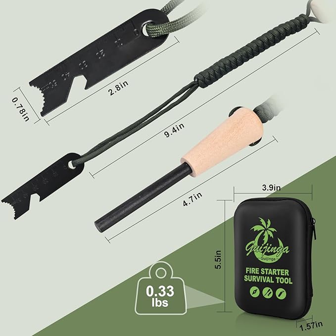 Flint Fire Starter, Outdoor Fire Starter Survival Tool, Flint and Steel Fire Starter Kit, with Compass, Whistle, Tinder Rope, Suitable for Camping, Emergencies