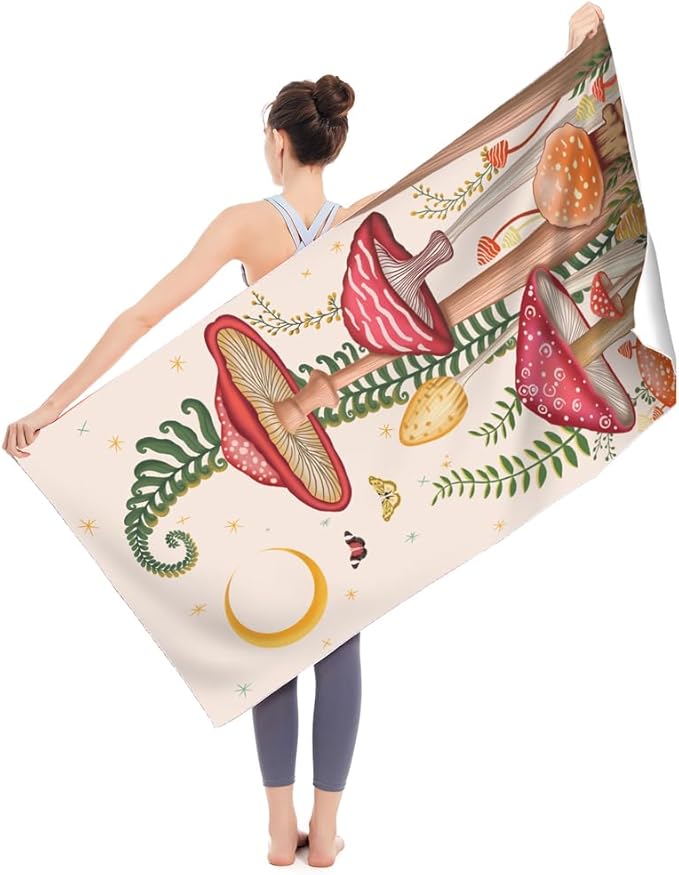 Thick Mushroom Beach Towel 30”x60” Microfiber Terry Beach Towels Kids Soft Camping Towels Sandproof Quick Drying Travel Swim Pool Yoga Gym Camping Women Men Beach Essentials Accessories Vacation Gift