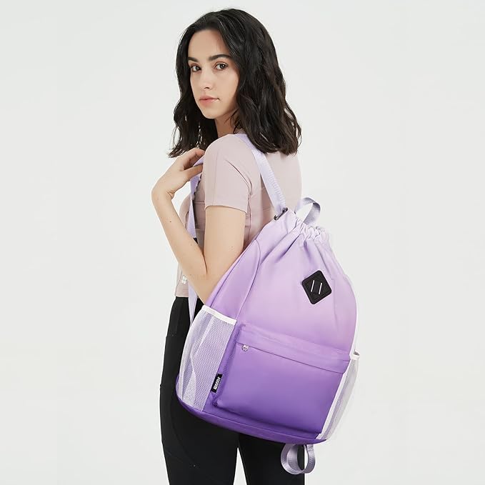 WANDF Drawstring Backpack Sports Gym Bag with Shoes Compartment, Water-Resistant String Backpack Cinch Bag for Women Men (Purple Gradient)