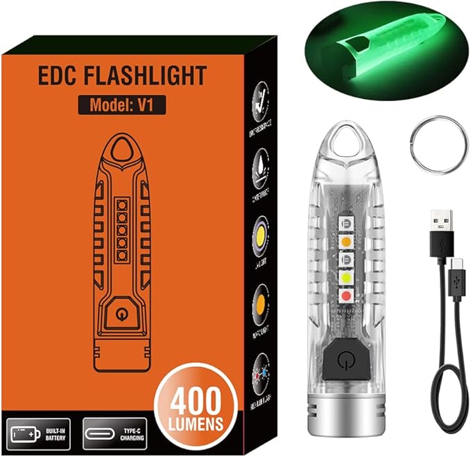 Rechargeable Mini Flashlight 400 High Lumens,Pocket EDC Flashlight with Red Yellow Blue UV light,Keychain Light for Camping,Hiking,Reading,Identificating