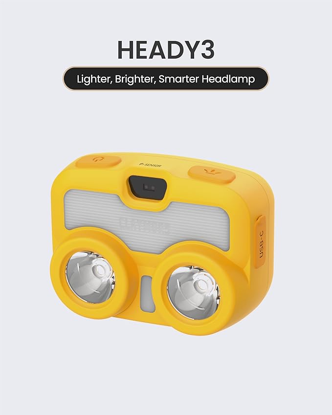 Claymore Heady3 (Yellow) - Rechargeable LED Headlamp with Motion Sensor, Lightweight for Camping, Running, Hiking, Emergency & Industrial Use. Waterproof, Up to 70 Hours of Battery Life.