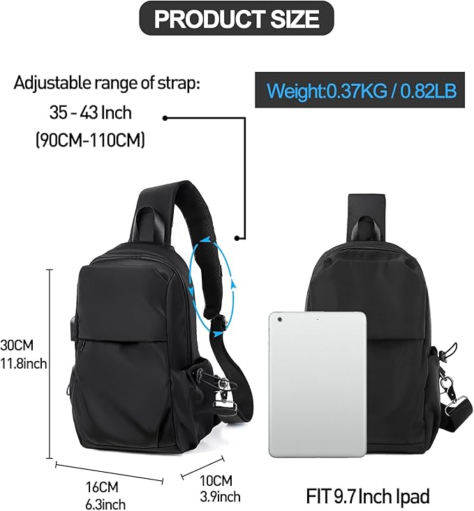 SEAFEW Small Black Sling Crossbody Backpack Shoulder Bag for Men Women, Lightweight One Strap Back Pack Sling Bag Backpack for Hiking Walking Biking Travel Cycling USB Charger Port-Nylon