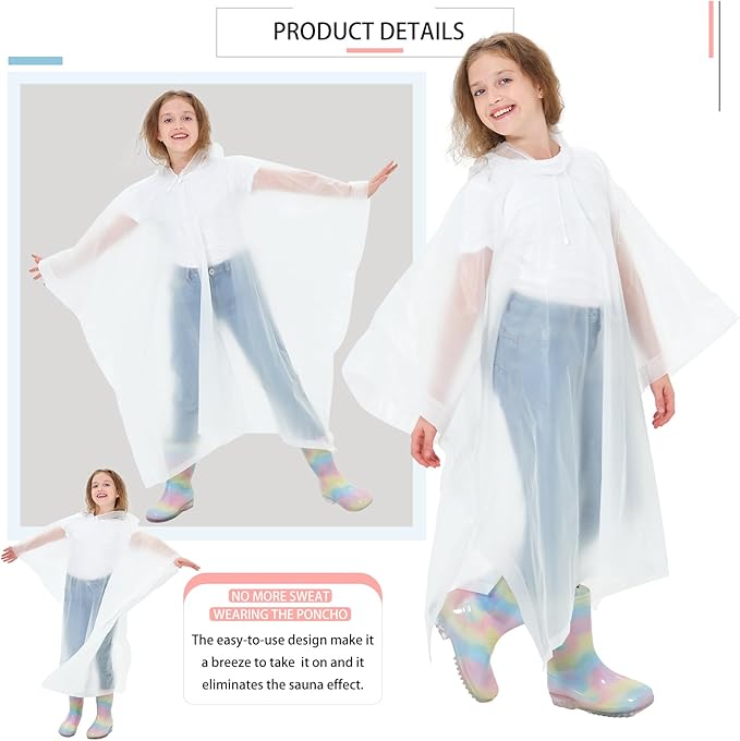 2 Pack Kids Rain Ponchos Reusable EVA Ponchos with Drawstring Hood, Waterproof Jacket for Boys and Girls