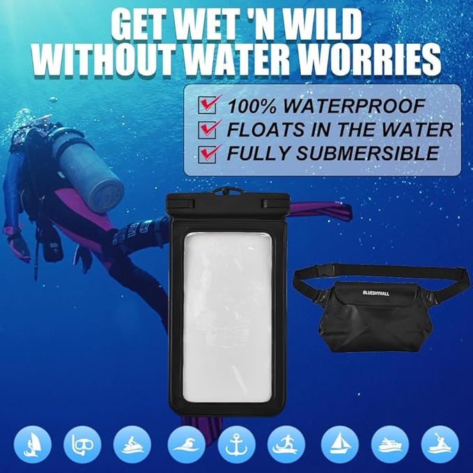 JSCARLIFE Waterproof Phone Pouch Fanny Pack (6 Pack), Waterproof Bag for Cruise Boating Swimming Snorkeling Kayaking Beach Poo Accessories, Waterproof Case Water Protector Waist Pouch for Women Men