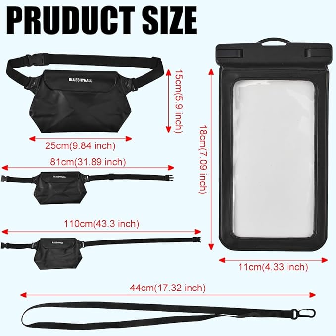 JSCARLIFE Waterproof Phone Pouch Fanny Pack (6 Pack), Waterproof Bag for Cruise Boating Swimming Snorkeling Kayaking Beach Poo Accessories, Waterproof Case Water Protector Waist Pouch for Women Men