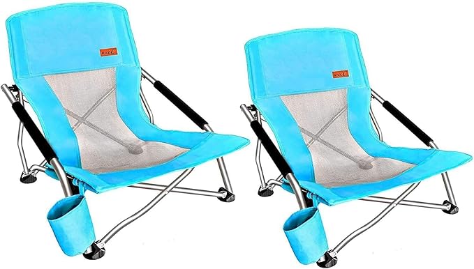 Nice C Adults Low Beach Chair, Sling, Folding, Portable, Concert, Kids, Boat, Sand Chair with Cup Holder & Carry Bag (2 Pack of Blue)