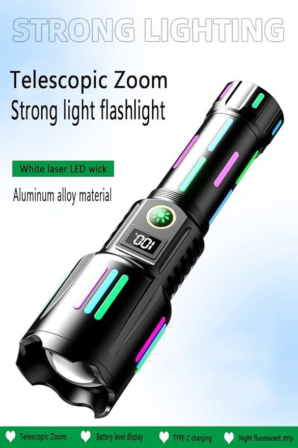 High brightness rechargeable flashlight, super bright waterproof long life tactical flashlight, 1.5km long beam, LCD power display, 5 modes, suitable for emergency, camping, hiking and so on.