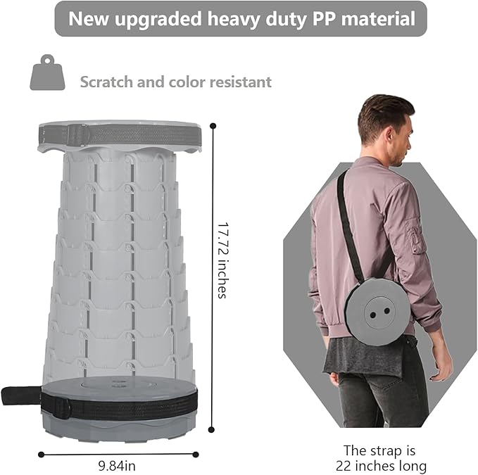 Portable Telescoping Collapsible Stool – Adjustable Height Folding Seat (Up to 450 lbs), Lightweight Camping Stool & Travel Seat for Fishing, Hiking, BBQ, Indoor & Outdoor(Light Gray)