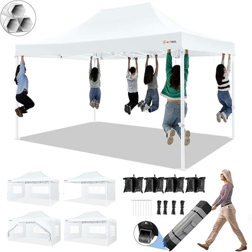 HOTEEL 10x15 Pop up Canopy Tent for Parties, Heavy Duty Easy Setup Tent with 4 Sidewalls, Outdoor Commercial Instant Gazebo for Wedding Event, with Roller Bag & Sand Bags, White(Hexagonal Frame)