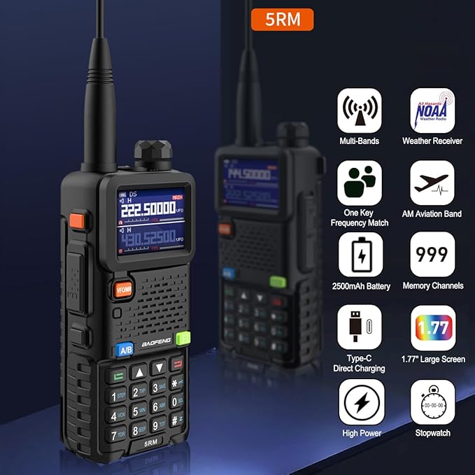 Ham Radio Handheld Baofeng Radio 5RM Long Range Walkie Talkies UV-5R Upgraded Two Way Radio, NOAA Weather, Type C Charging, 999CH Frequency Copy, Rechargeable 2500mAh Battery, Hiking Hunting Trip