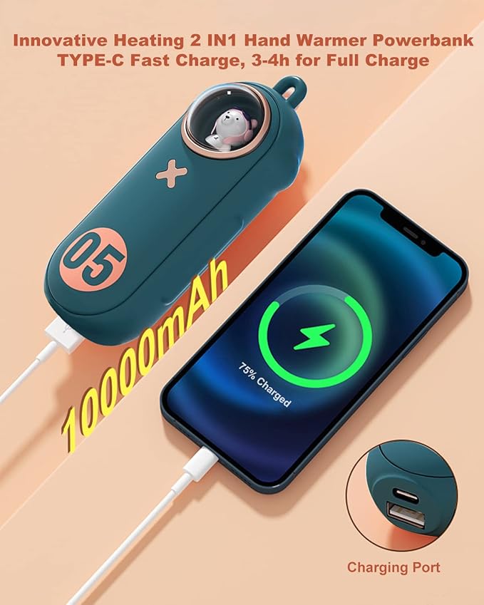 Portable Hand Warmer Electric Fast Warming Up Power Bank, 10000mAh Rechargeable Hand Warming 4 Heat Levels Double-Sided Heating, Cute Pocket USB Handwarmer for Outdoors Hunting Camping
