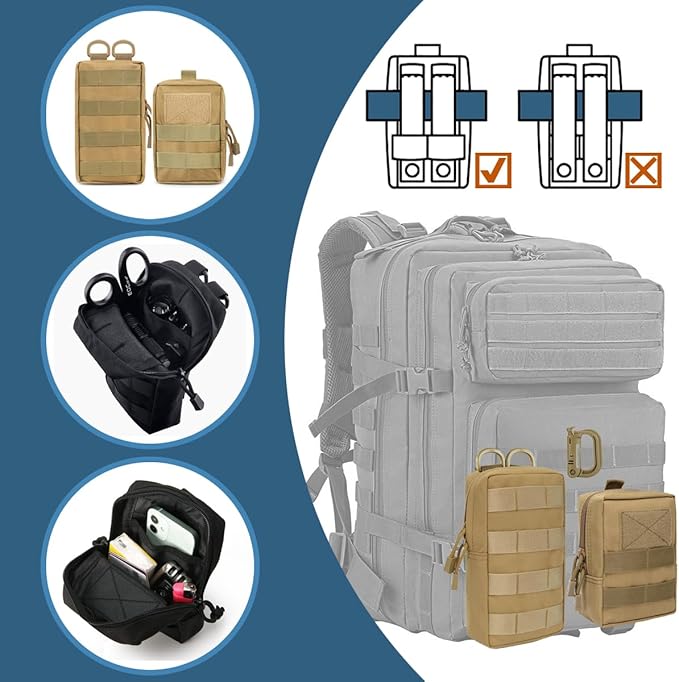 MUCHER 2 Pack Molle Pouches Tactical Pouches EDC Pouch Organizer Molle Bag Utility Pouch with 4 Carabiners for Outdoor Hiking Hunting Camping Training