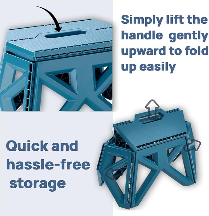 9.2" Blue Collapsible Step Stool - Non-Slip, Hold Up to 300 lbs, Portable Plastic Footstool with Handle | Easy Fold/Open Design for Kitchen, Bathroom, Camping & Home Use, 1 Piece