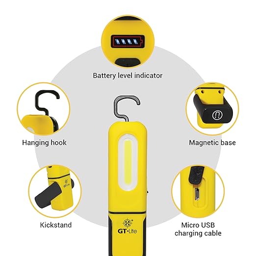 LED Rechargeable Work Light 300 Lumen Flash Light, 6ft Cable, Hanging Hook, Magnetic Base, Kickstand, 3 Settings, High/Low/Flashlight, Emergency Kits, Camping Light, Utility, Plumbing Light