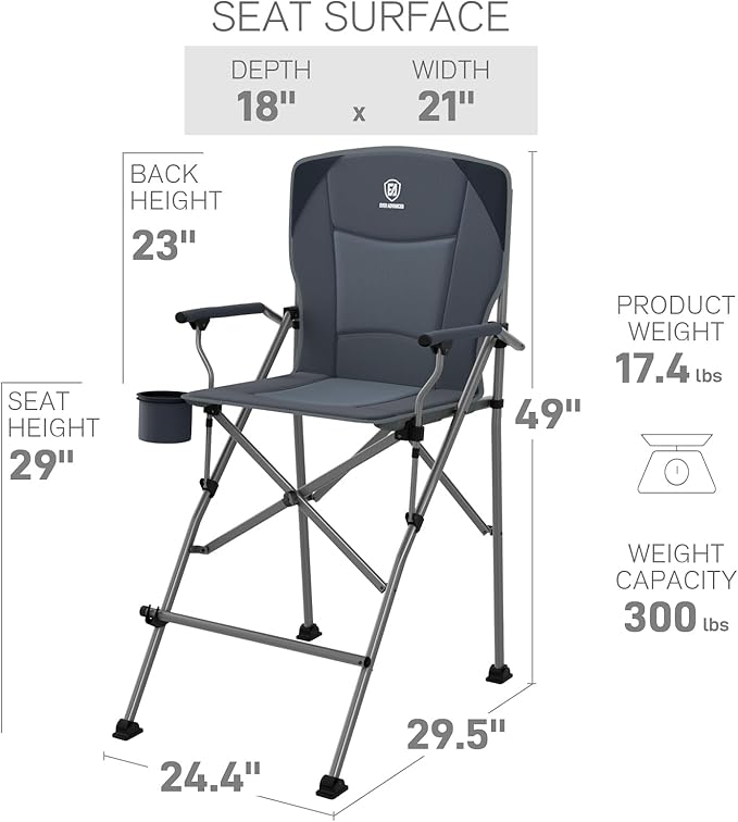 EVER ADVANCED Tall Folding Chair 31", Portable Directors Chair, Bar Height Camping Chair with Carry Bag and Footrest, Armrest, Heavy Duty Supports 300 Lbs Grey