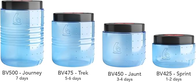 Bear Canister for Backpacking. 4 Sizes: BV500, BV475, BV450, BV425. Bear Resistant Food Container for Camping, Hiking, Fishing, Canoeing, Hunting, bikepacking. Bear Vault is Bear Safe!