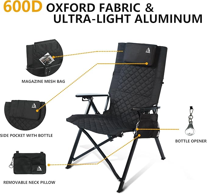 Reclining Camping Chair 2 Pack, Folding Lawn Chairs with 4-Stage Adjustable High Back for Adults Heavy Duty, Compact Foldable Outdoor Patio Recliner Chair with Side Bag (Black)