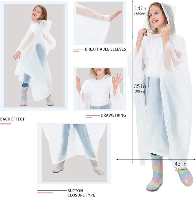 2 Pack Kids Rain Ponchos Reusable EVA Ponchos with Drawstring Hood, Waterproof Jacket for Boys and Girls