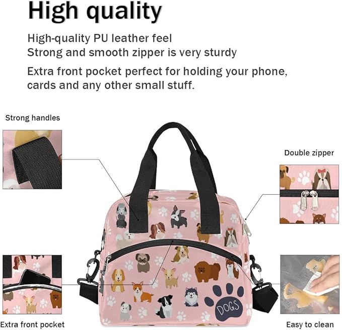 Dog Lunch Bag Dog Paws Pink Lunch Box for Women Girls, Reusable Insulated Leakproof Meal Prep Organizer Tote Thermal Cooler Bag with Shoulder Strap for Kids Adult School Work Office Picnic