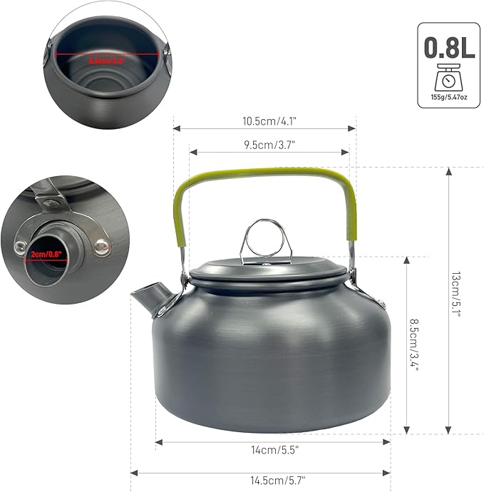 0.8L Camping Kettle, Hard-Anodized Aluminum Portable Campfire Kettle for Open Fire, Outdoor Camp Tea Coffee Pot for Stove Top, Backpacking, Hiking, Picnic and Traveling