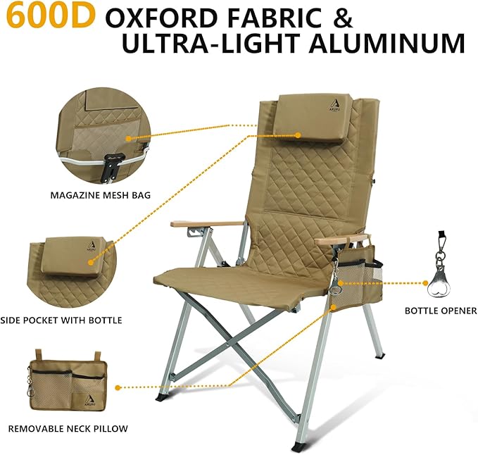 Camping Reclining Chair, Heavy Duty Folding Chairs with 4-Stage Adjustable High Back for Adults, Compact Foldable Outdoor Patio Reclining Chair with Storage Bag (Khaki)