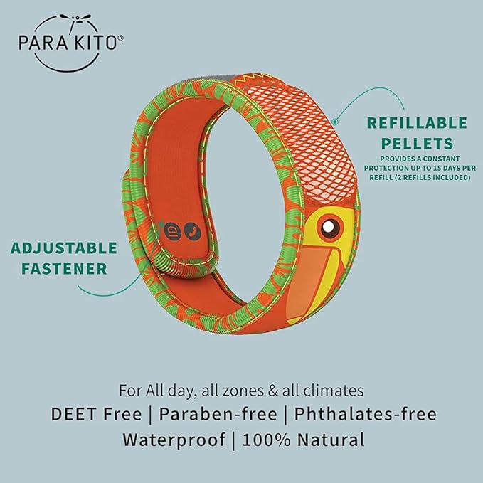 PARA'KITO Bug & Mosquito Bracelets for Kids | Mosquito Spray Alternative | Waterproof, Outdoor Insect Wristband w/Natural Essential Oils | Hiking, Trekking & Camping Accessories (Toucan)