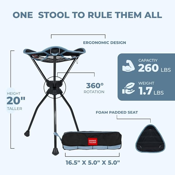 GRAND TRUNK Compass 360 XT Extra Tall Swivel Stool - Compact 260lb Capacity Portable Outdoor Seat for Camping & Travel (Sea Black)