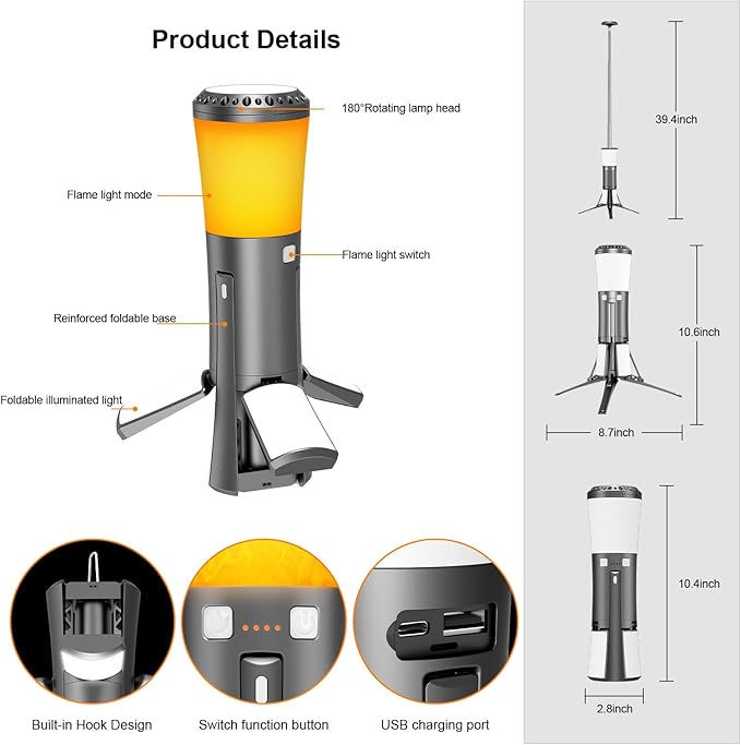 Telescopic Camping Lights Rechargeable Led Work Light with Stand Multifunction 18000 mAh Lanterns Portable Job Site Lighting Cordless Dimmable Flame Tent Lamp 7500lm Power Supply