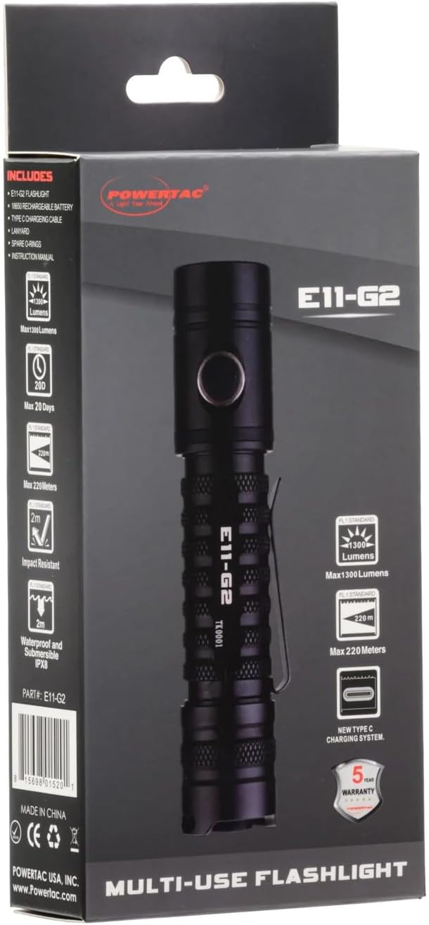 PowerTac E11-G2 Compact LED Flashlight – Extremely Bright 1300 Lumens Perfect for Everyday Carry or Professional Use, Rechargeable Type-C Charging Port, Waterproof, Hands-Free Operation